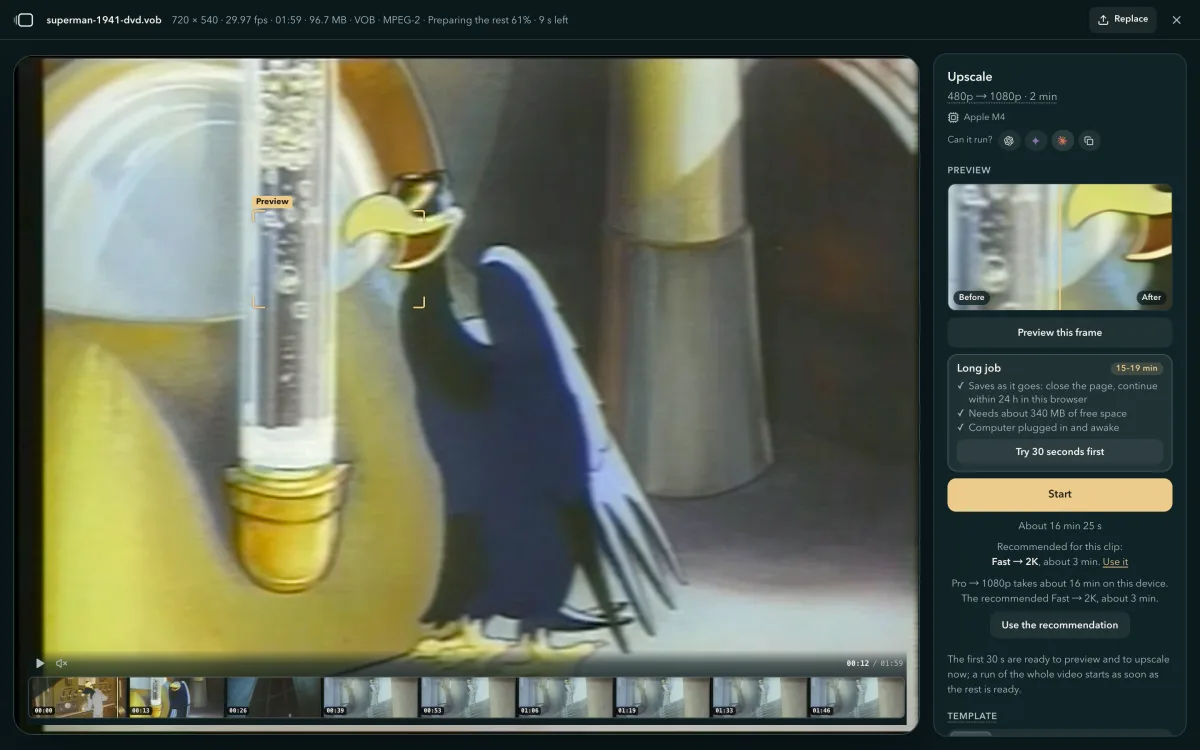 The 1941 cartoon open, with Preparing the rest at the top; the Upscale panel offers a preview, Try 30 seconds first and the time estimate