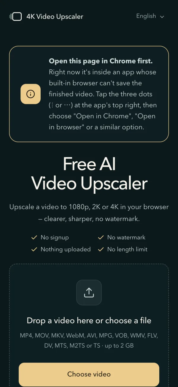 Facebook's browser on an Android phone: a card above the title, Open this page in Chrome first, with where to find Open in Chrome