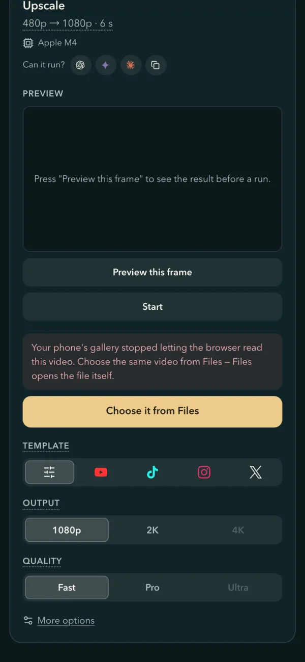 An Android phone: the panel under Start saying the phone's gallery stopped letting the browser read this video, and the gold button Choose it from Files