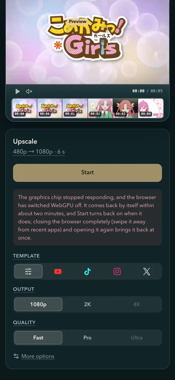 An Android phone with WebGPU switched off: Start greyed out and the panel's words that it comes back by itself within about two minutes, or at once after swiping the browser away