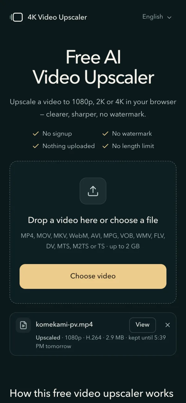 On a phone: the home page with the upscaled video's row and View under the Choose video button