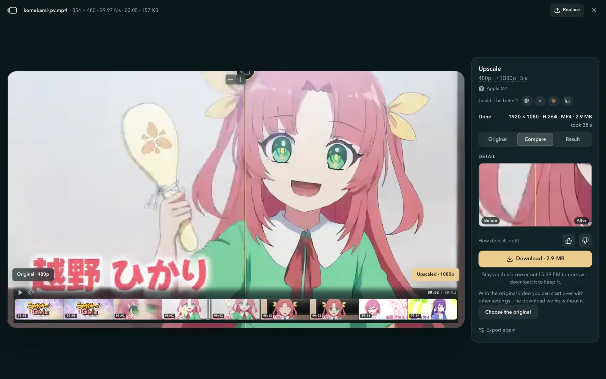 The reopened video: the original at 480p on the left and the upscaled 1080p on the right of a gold line; the panel shows Download 2.9 MB, how long it stays in this browser, Choose the original and Export again