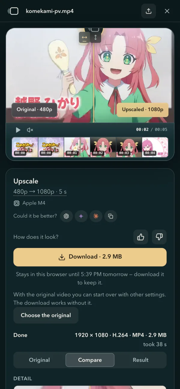 On a phone: the reopened video at the top, and under it Download 2.9 MB, how long it is kept, and Choose the original