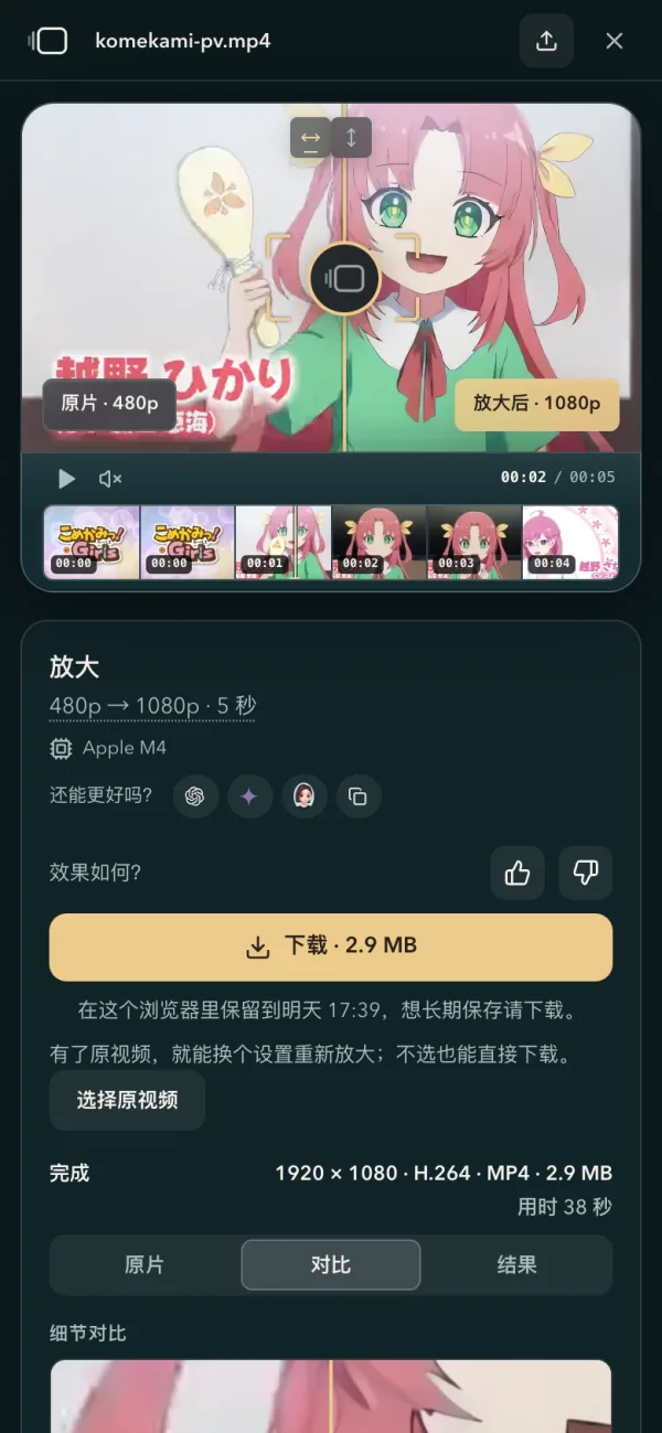 手机上重新打开的视频：上面是视频，下面是「下载 · 2.9 MB」、保留到几点和「选择原视频」