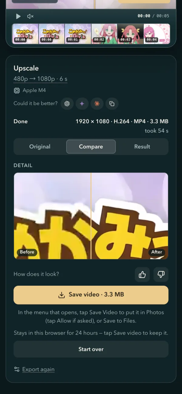 The Google app's browser on an iPhone: the finished video's panel with the gold Save video button and the line under it on Save Video and Save to Files