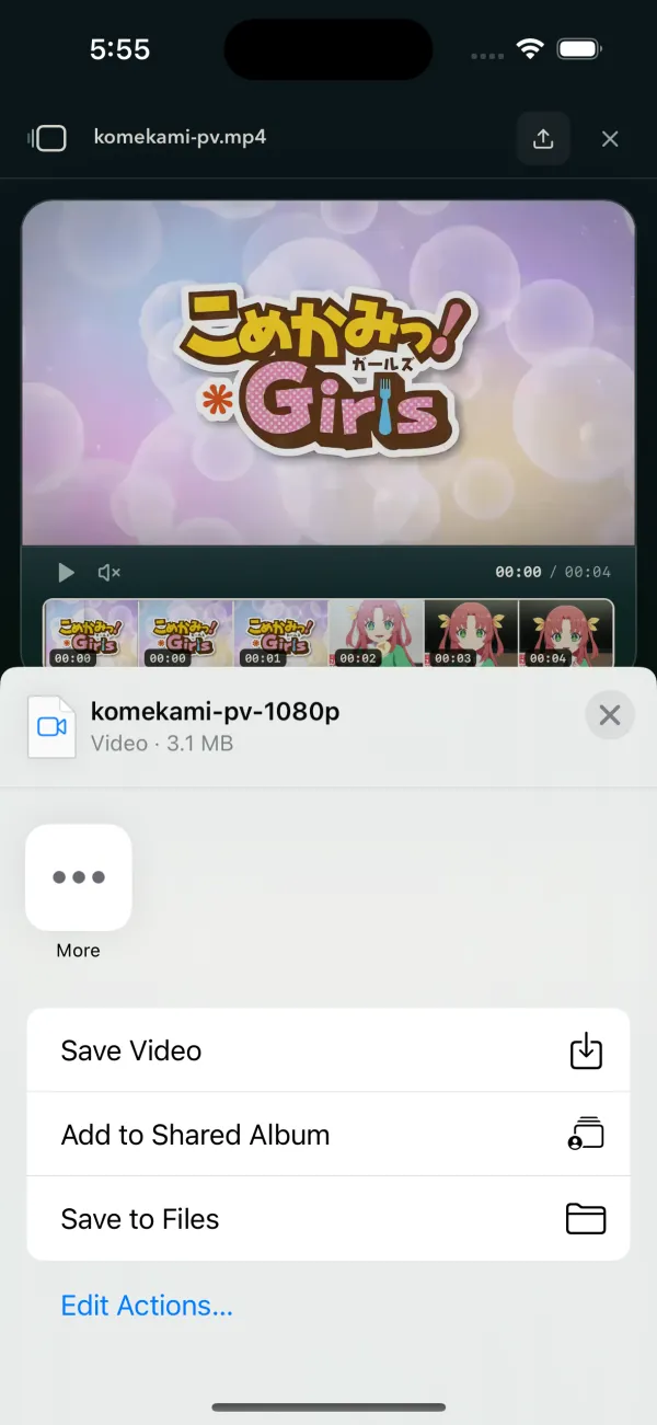 The share sheet over the page: komekami-pv-1080p, Video, 3.1 MB, with Save Video, Add to Shared Album and Save to Files