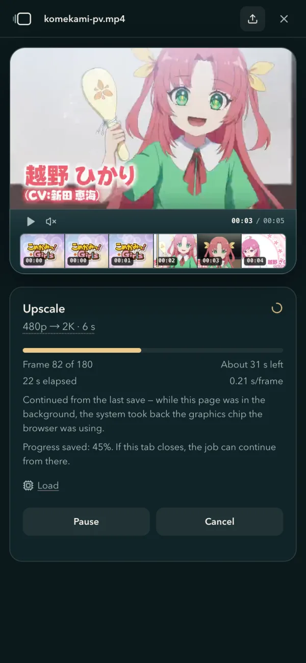 The same Android phone back on the page: the line Continued from the last save — while this page was in the background, the system took back the graphics chip the browser was using, and the progress saved