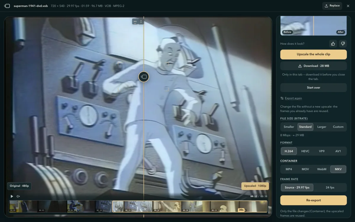 Export again open under a finished video, MKV picked as the container, and the note that only the file changes and the upscaled frames are reused