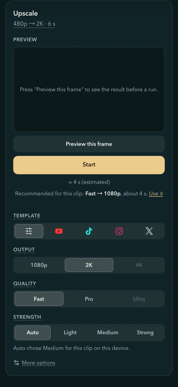 The panel as an Android phone shows it: Fast and 2K picked, the Strength row on Auto with the note Auto chose Medium for this clip on this device, and Ultra greyed out