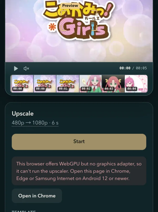 A phone maker’s own browser on an Android phone with a clip open: under the Start button, This browser offers WebGPU but no graphics adapter, so it can't run the upscaler. Open this page in Chrome, Edge or Samsung Internet on Android 12 or newer, and the Open in Chrome button