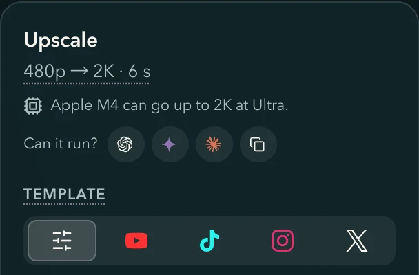 The head of the Upscale panel: the summary line, what the graphics chip can run, and the ChatGPT, Gemini, Claude and Copy icons after 'Can it run?'