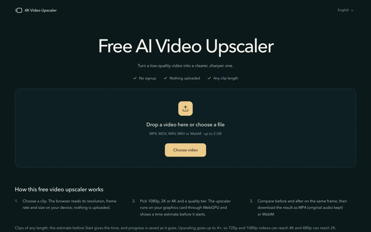 The home page: a drop box with a Choose video button, and the three trust points above it